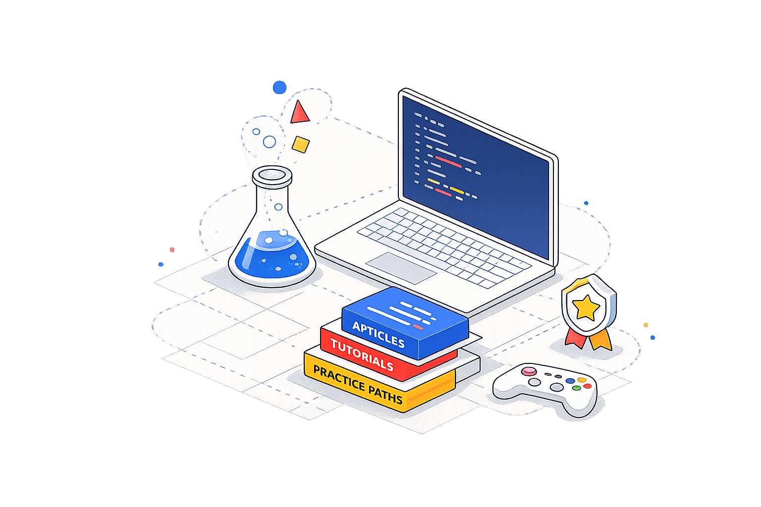 An isometric learning lab — a laptop with code, a bubbling flask, stacked lesson books, a badge and a game controller