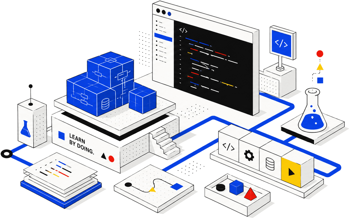 Isometric lab of code: a terminal window running a sum function, stacked TIL blocks, geometric tiles and a flask of cobalt liquid — learn by doing